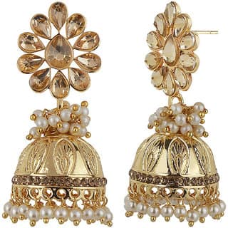 Engraved Jhumki Drop Crystal Top Earrings Golden Copper Material Drop Hook Earrings for Women's Fashion Jewelry view 2