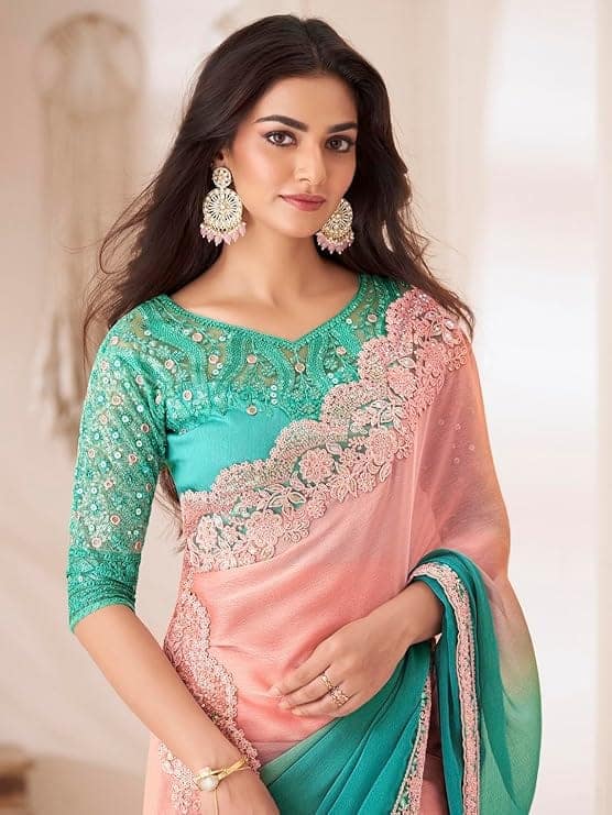AKHILAM Women's Pure Chiffon Embellished Saree With Unstitched Blouse view 2