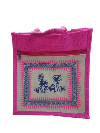 Pink Jute Tote Bag with Tribal Art and Zipper