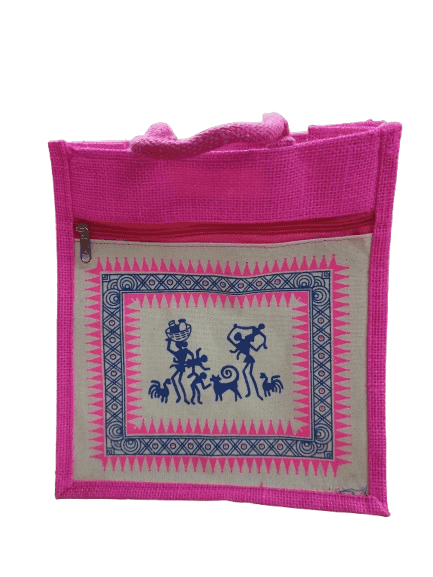 Pink Jute Tote Bag with Tribal Art and Zipper