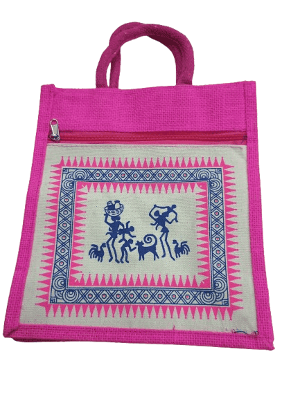 Pink Jute Tote Bag with Tribal Art and Zipper view 3