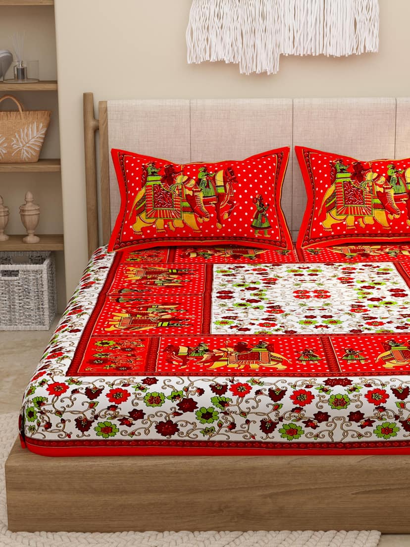 Lali Prints Red White Ethnic Motifs Cotton 130 TC Queen Bedsheet with 2 Pillow Covers
