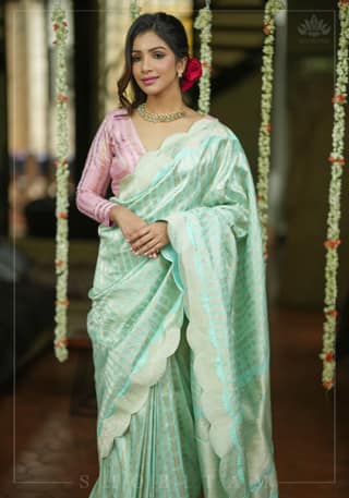 Unique Scalloped Borders Pure Brocade Banarasi Katan Silk Saree in Pastel Sea Green | SILK MARK CERTIFIED