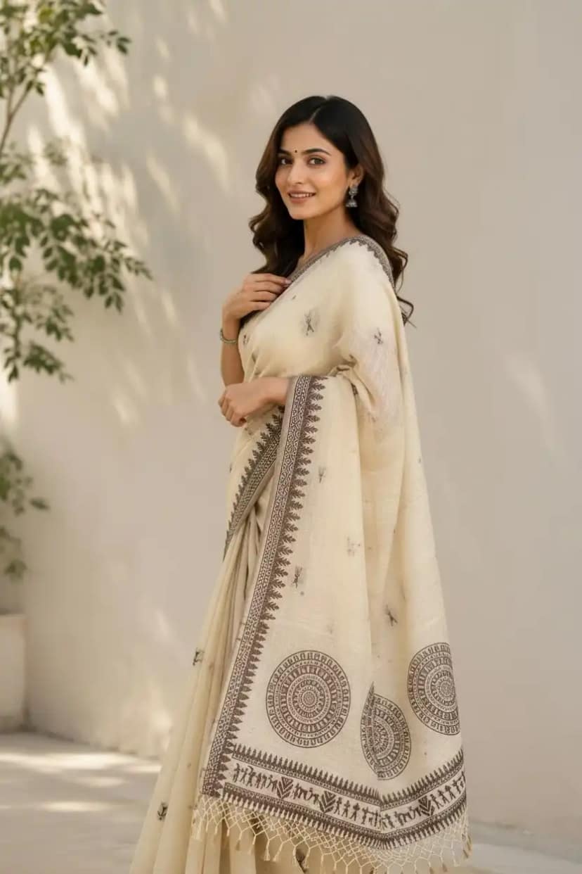 Handwoven Sambalpuri Ikat Cotton Saree in Ivory with Contrast Border view 3