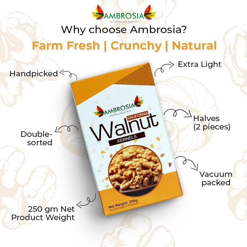 Ambrosia California Walnut Kernels 250g | Extra Light Halves (Pack of 1) view 4