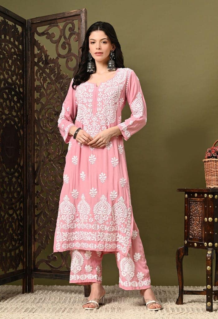 Chikankari (3D) Work on Modal Fabric-Pastel Pink view 3
