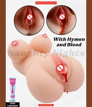 Half Body with Hymen Blood Male Masturbator Silicon 2 in 1 Vagina + Breast Mini Sex Doll For Men By Naughty Nights with Free Lube
