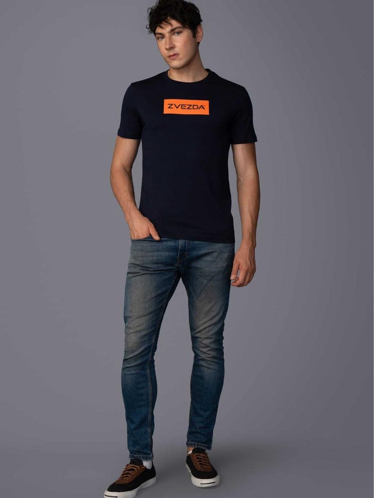Men’s Branded Lightweight Cotton Round Neck T-Shirt-Navy view 5