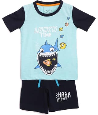 Lazy Shark Pack of 1 Boys Cotton Blend T-Shirt & Shorts Set ( Blue )