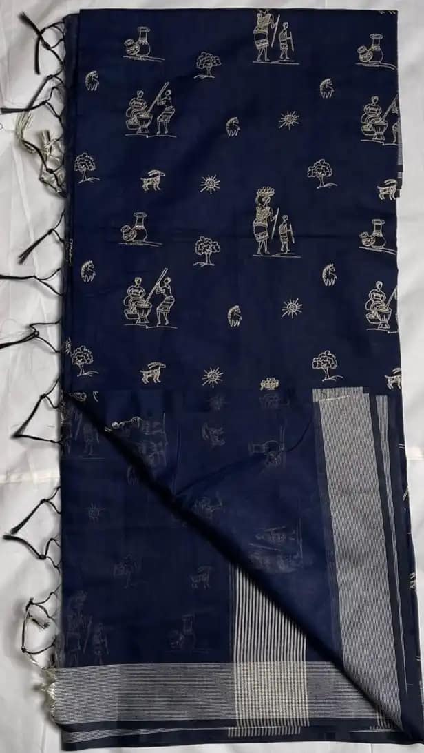 Saura Tribal Cotton Saree Dusty Khaki Village Pallu
