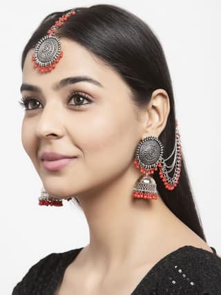 Pujvi Fashions Red Bahubali Earring Set