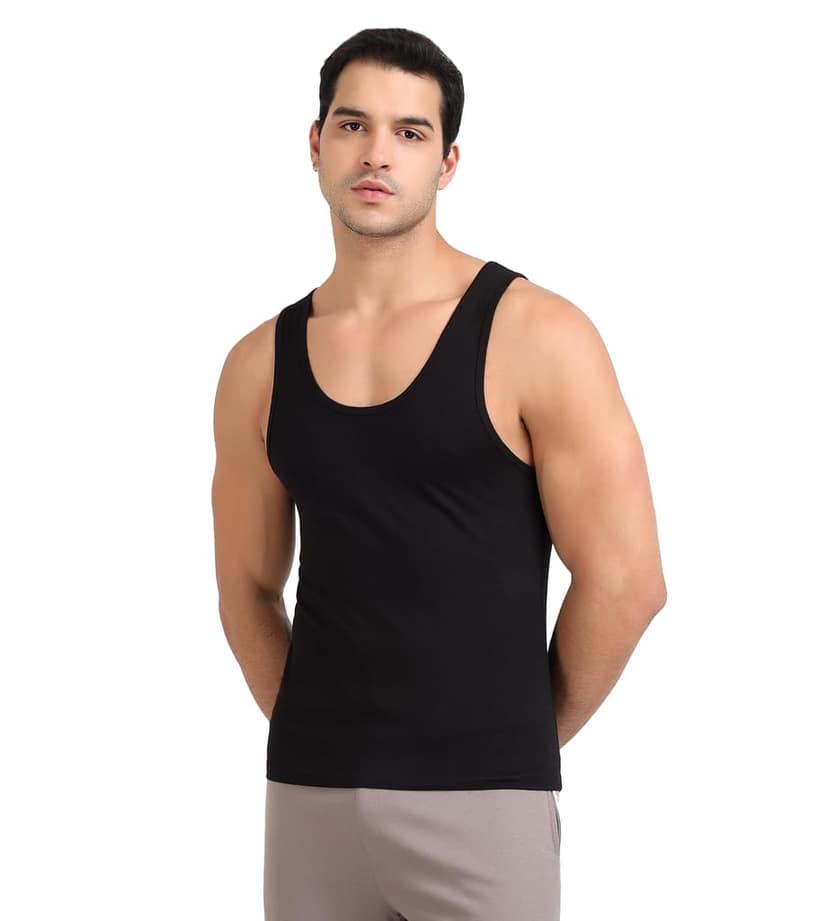 Freecultr Cotton Vest for Men Sleeveless Lightweight Solid Round Neck Comfort Vests Breathable & Comfortable Innerwear Sando for Man Regular Fit Pack of 1-Black