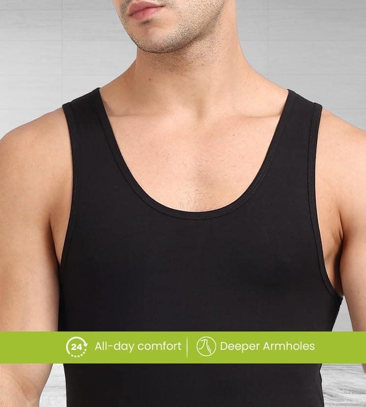 Freecultr Cotton Vest for Men Sleeveless Lightweight Solid Round Neck Comfort Vests Breathable & Comfortable Innerwear Sando for Man Regular Fit Pack of 1-Black view 4