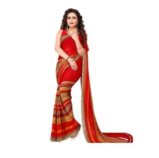 KHUSHBOO DESIGNERS Women's Solid Georgette 5.5 Meter Saree with Unstitched Blouse Piece [Red]