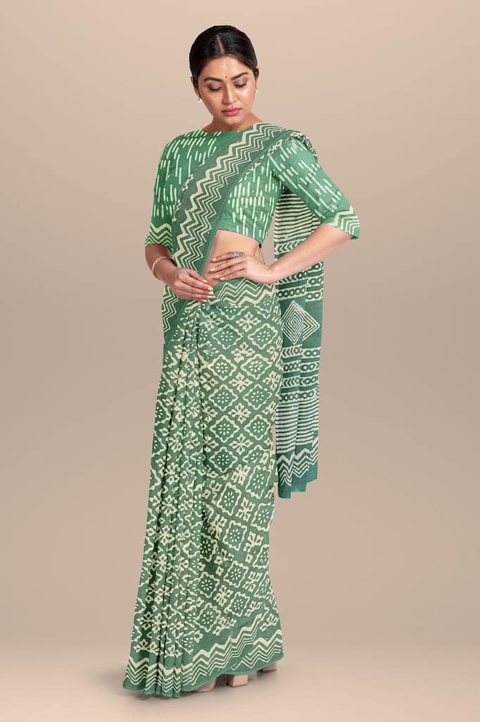 Sage Green Color Daboo Hand Block Print Malmal Cotton Saree SKU-BS10163 view 2
