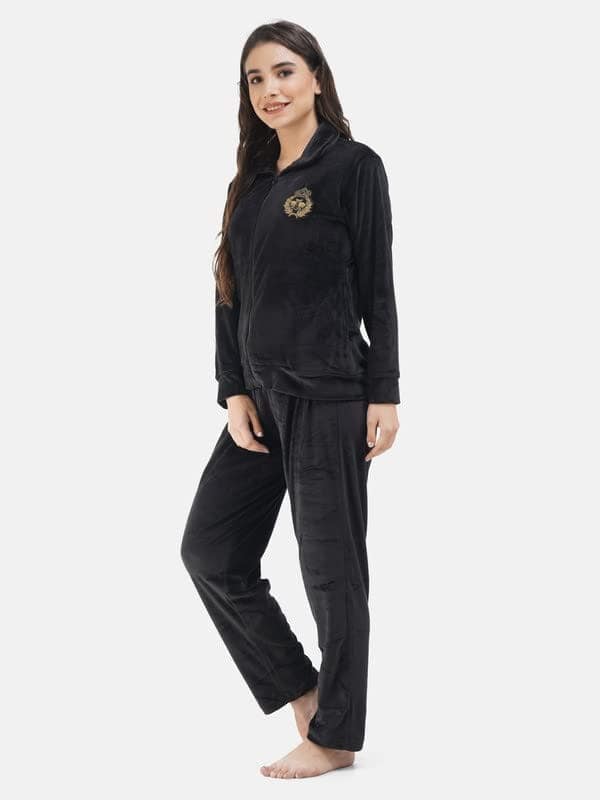 KOI SLEEPWEAR Soft Velvette Long Night Suit Black (Relaxed, Large, Black) view 2