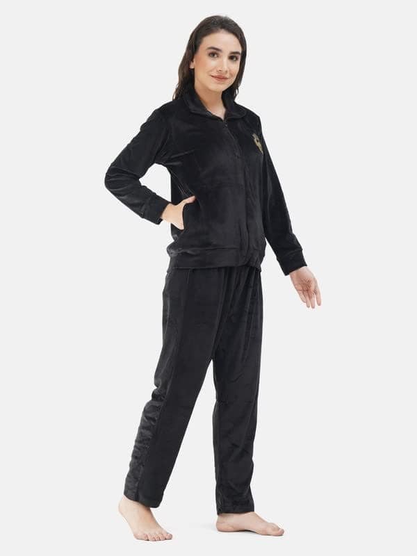 KOI SLEEPWEAR Soft Velvette Long Night Suit Black (Relaxed, Large, Black) view 3