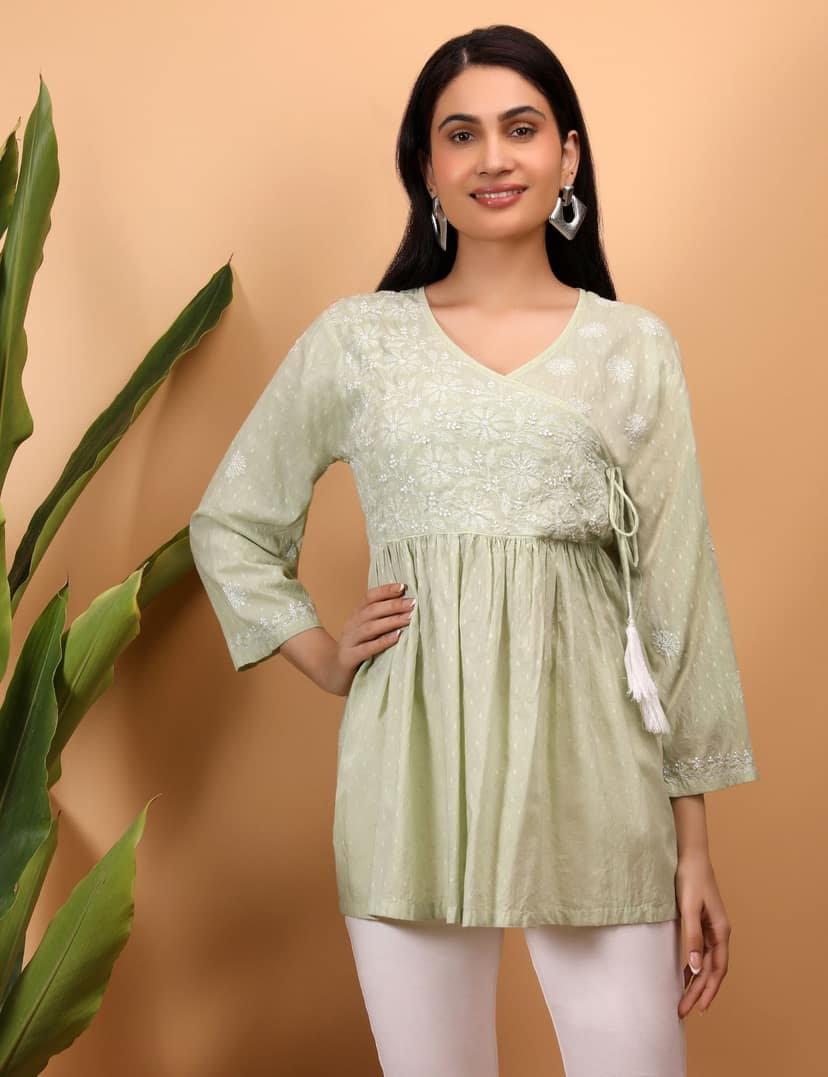 shwet green white women chikankari angarkha top view 2