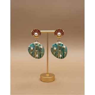 Earrings Teal Gold Shell Drop