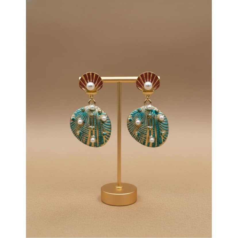 Earrings Teal Gold Shell Drop