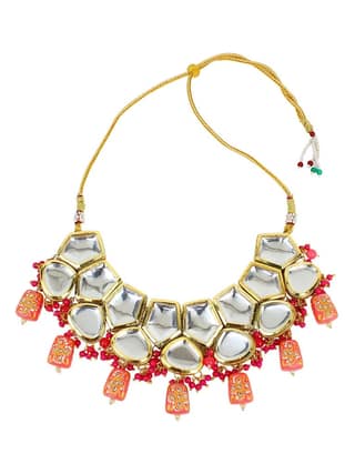 Cardinal Kundan Peach Color Gold Plated Brass Bridal Party wear Necklace Set