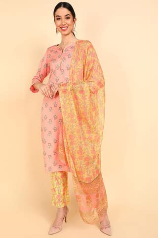 Peach Polyester Ethnic Motifs Straight Suit Set PKSKD1106