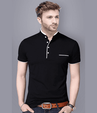 Reya Cotton Blend Regular Fit Solid Half Sleeves Men's Mandarin Collar T-Shirt - Blue ( Pack of 1 )