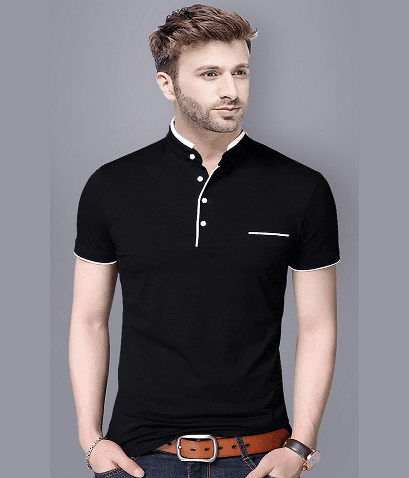 Reya Cotton Blend Regular Fit Solid Half Sleeves Men's Mandarin Collar T-Shirt - Blue ( Pack of 1 )