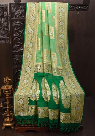 Green Banarasi Pure Chiffon Saree with Alfi Geometric Jaal | SILK MARK CERTIFIED