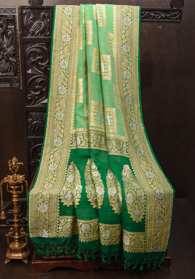 Green Banarasi Pure Chiffon Saree with Alfi Geometric Jaal | SILK MARK CERTIFIED