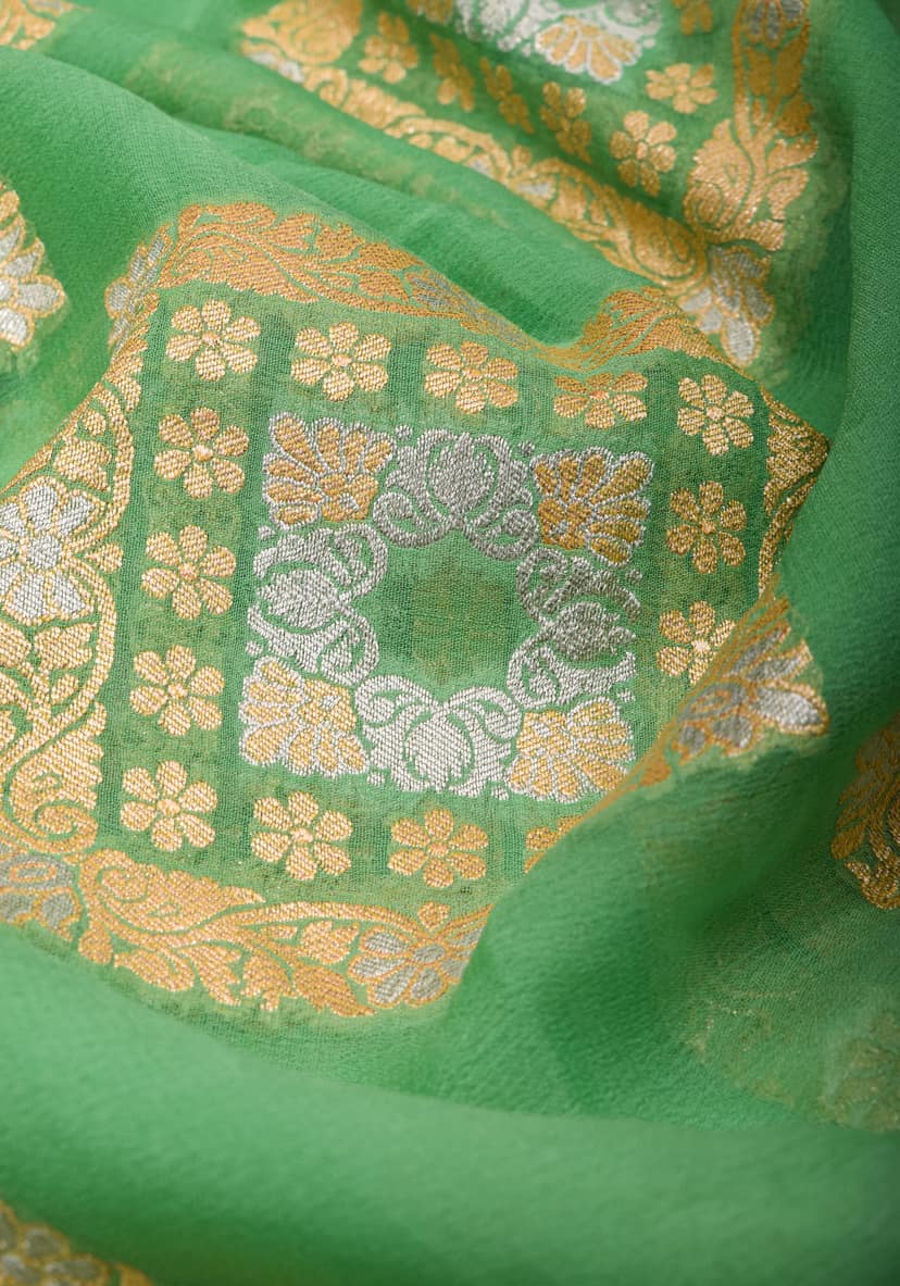 Green Banarasi Pure Chiffon Saree with Alfi Geometric Jaal | SILK MARK CERTIFIED view 5