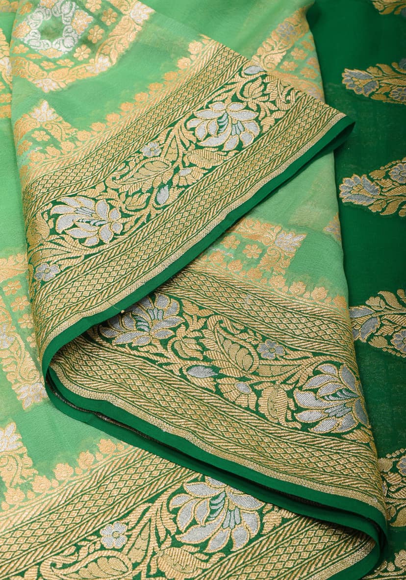 Green Banarasi Pure Chiffon Saree with Alfi Geometric Jaal | SILK MARK CERTIFIED view 7
