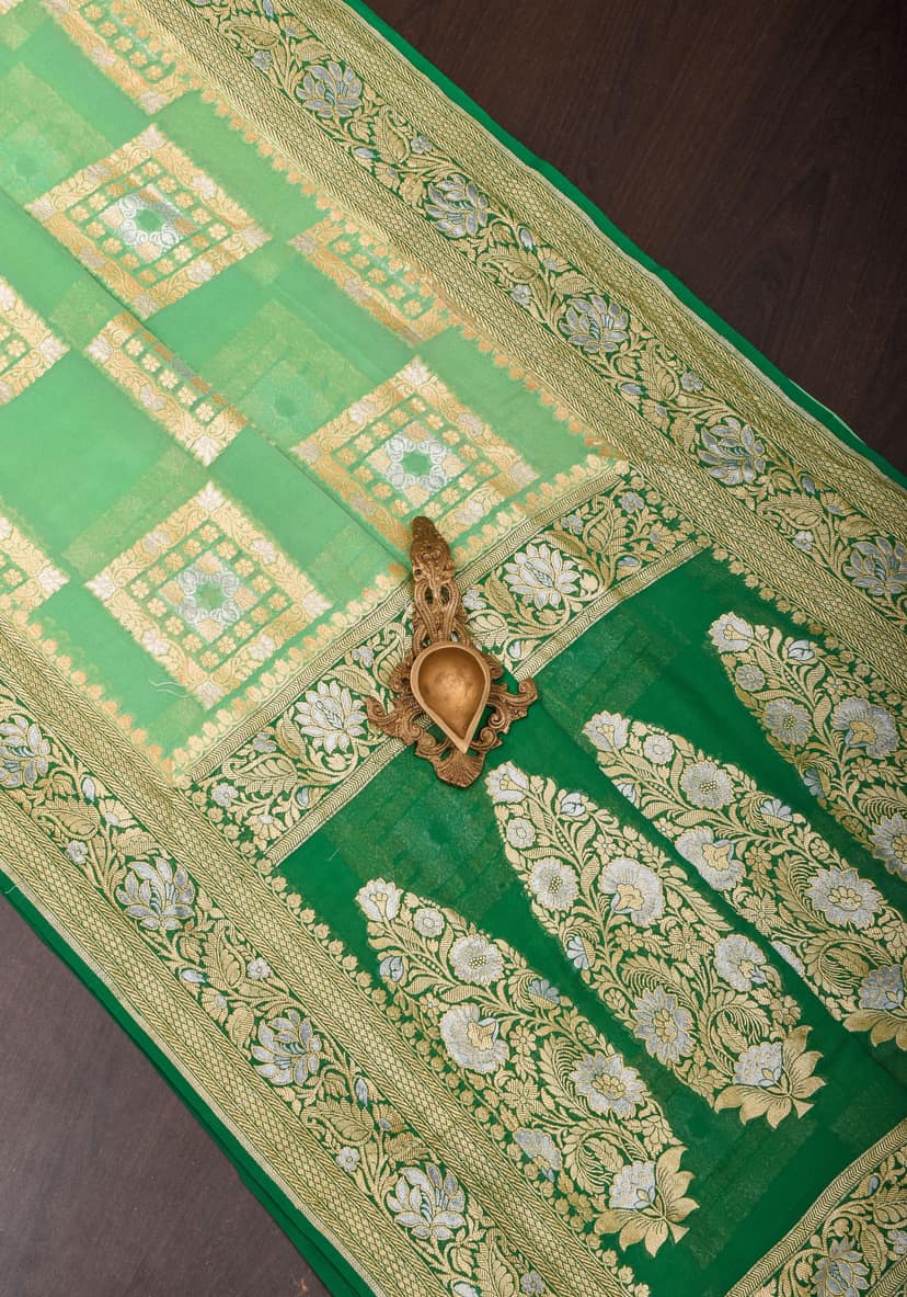 Green Banarasi Pure Chiffon Saree with Alfi Geometric Jaal | SILK MARK CERTIFIED view 8