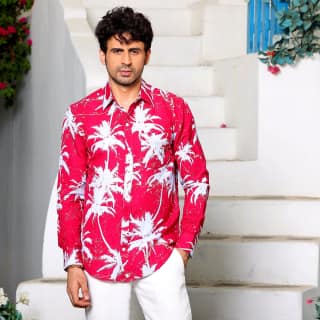 Coconut Tree Carmine Red Casual Pure Linen Full Shirt (Size - XL) by BLUE EAGLE