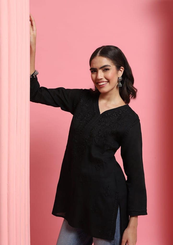 Cotton Chikankari Solid Women's Short Kurta - Black view 5