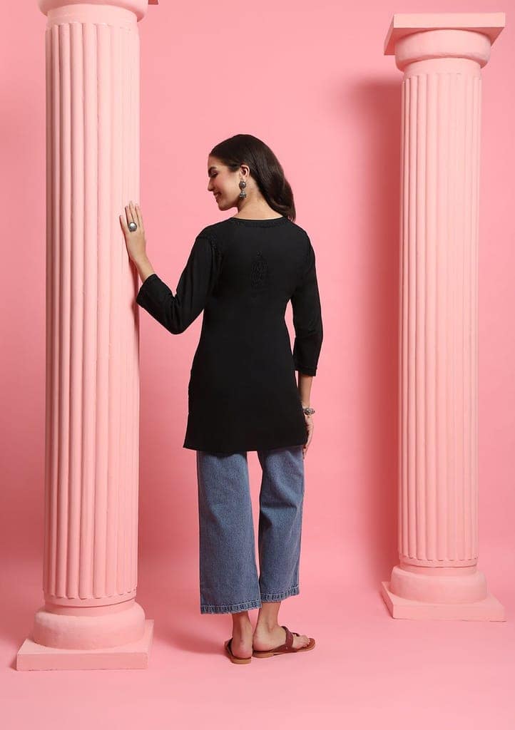 Cotton Chikankari Solid Women's Short Kurta - Black view 7