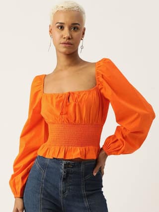 Tie-Up Neck Puff Sleeve Smocked Cotton Bardot Crop Top