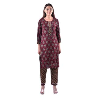 Women's Rayon Cotton Mix Fabric Block Printing and Zari Work Kurti Pant Set Color Maroon