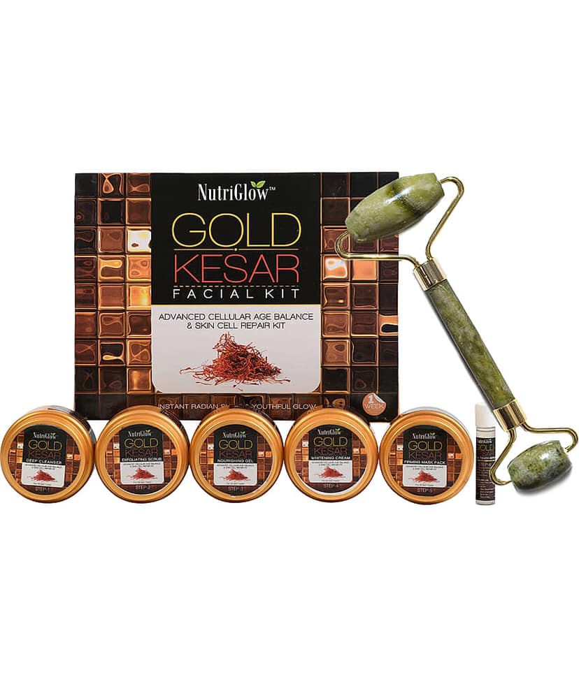 NutriGlow Gold Kesar Facial Kit for Women for Glowing Skin 6-Pieces Skin Care/Skin Cleanup Set, 260gm with Jade Roller