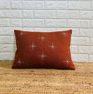 Indihomecraft Handicraft Cotton Cushion Cover - Hand Stitched Embroidery Decorative Art Boho Pillow Star Shape Red Brick Hand Made Pillow Cover | Square Shape 14X20 Inches Cushion Cover