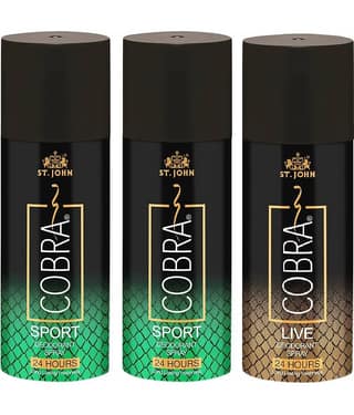 ST.JOHN Cobra Sport 150ml*2 & Live 150ml Deodorant Spray for Men (450ml) Pack of 3