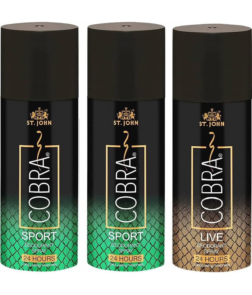 ST.JOHN Cobra Sport 150ml*2 & Live 150ml Deodorant Spray for Men (450ml) Pack of 3