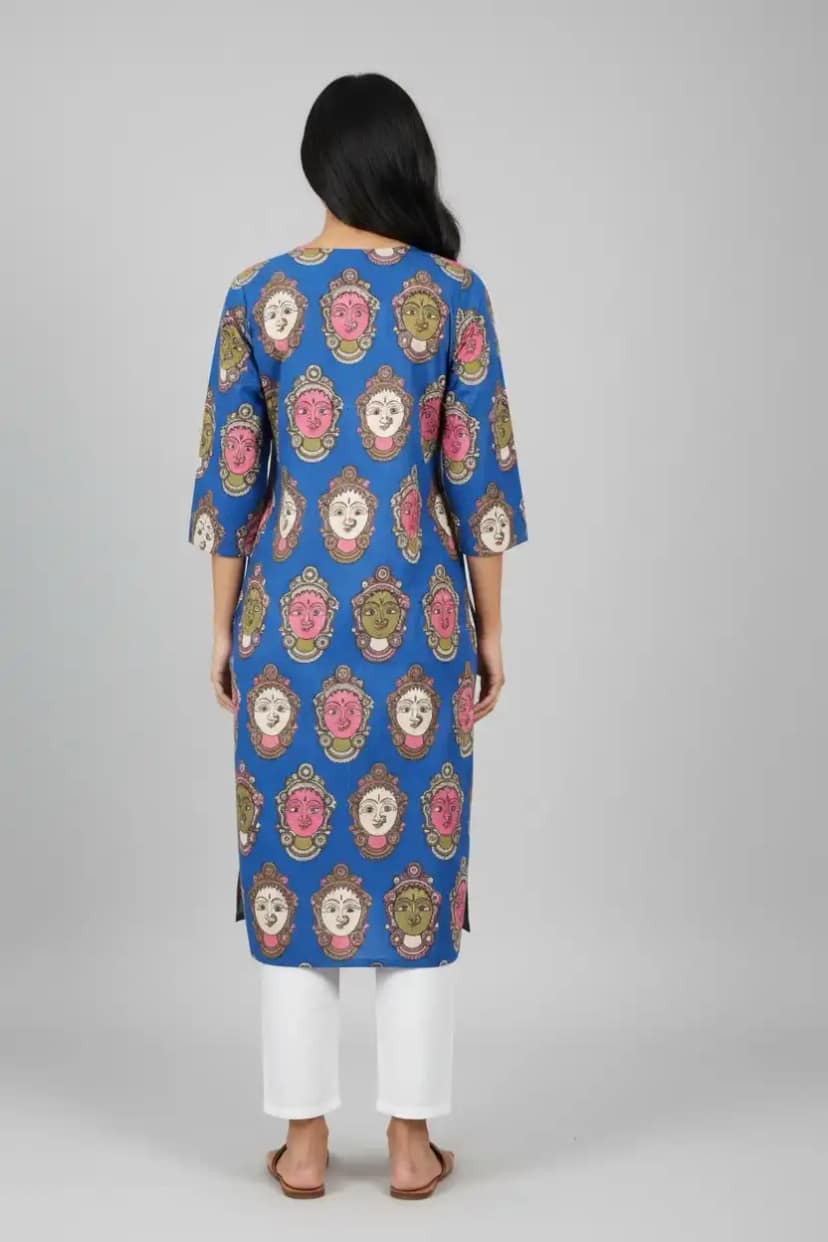 Pedana Kalamkari Screen-Print Cotton Kurti in Blue with Stylized Faces view 4