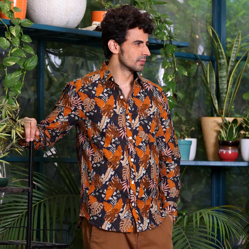 Philodendron Selloum Plant Brown Casual Pure Linen Full Shirt (Size - L) by BLUE EAGLE