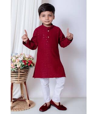 New Collection Boys Cotton Blend Sequined - Pattern Kurta Pant Set ( Dark Blue , Pack of 1 )