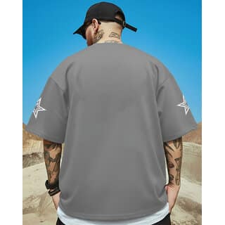 Ausk Mens Grey Printed Cotton Blend Round Neck Oversized T-Shirt view 2