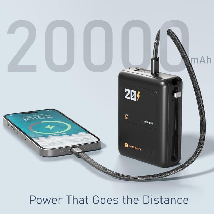 Portronics Aqua 65, 20000mAh Battery, LED Display, Type C in Built Cable, For Smartphone, Laptops & Tablets view 2