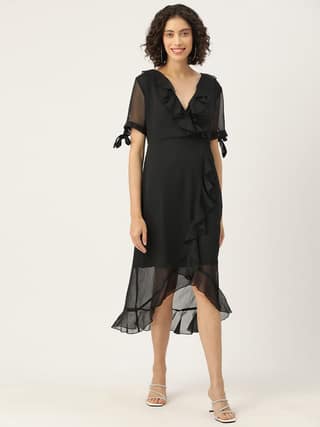 Solid Puff Sleeve Ruffled Chiffon A-Line Midi Dress