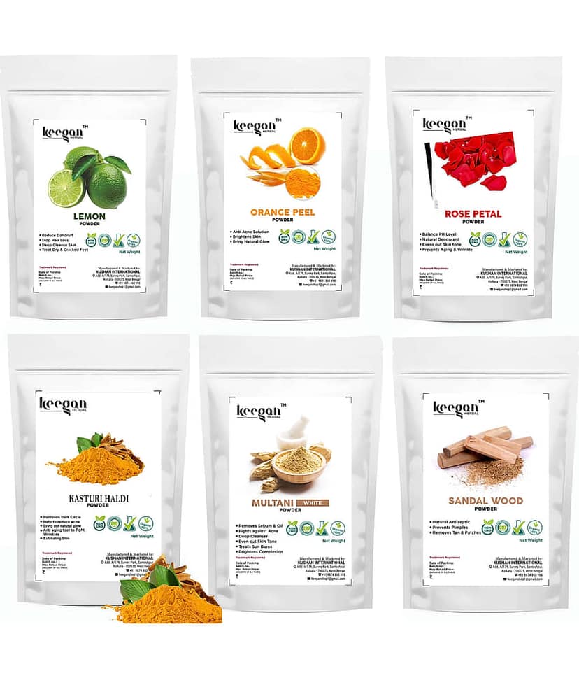 Keegan Natural Lemon Peel Powder,Orange Peel Powder,Rose Petal Powder,Kasturi Haldi Powder,Multani Mitti Powder,Sandalwood Powder Combo For Face & Skin Care | Each 50gram(300g)