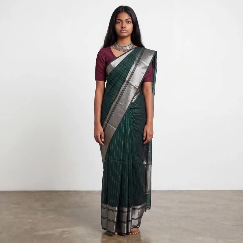 Mangalgiri Bottle Green Silk Cotton Saree Zari Stripes